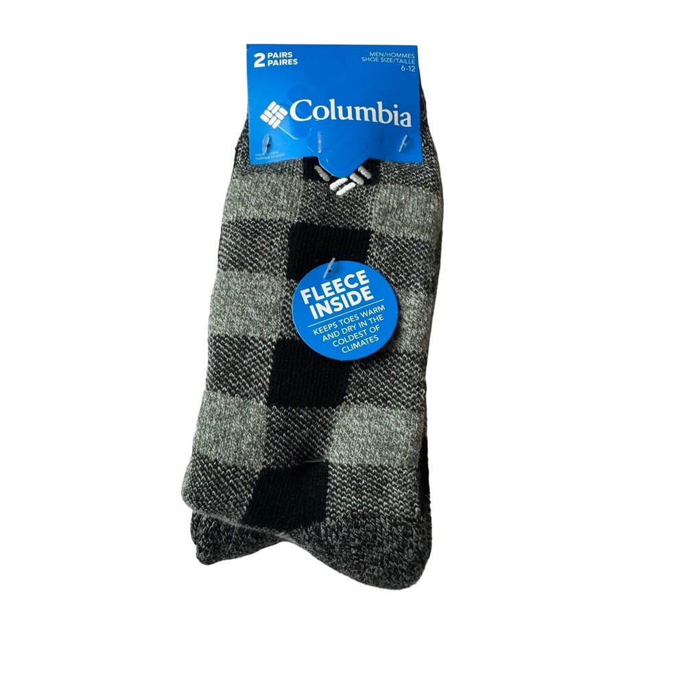 Columbia Men Fleece Lined Socks 2 Pair Pack Grey Buffalo Plaid‎ hiking outdoor